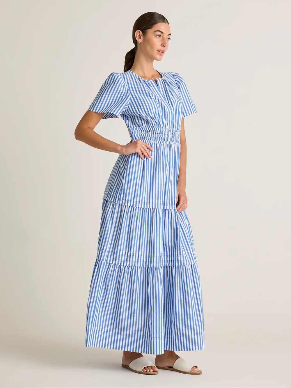 Quince Blue White Azure Stripe Organic Cotton Poplin Tiered Maxi Dress Large - Picture 4 of 16